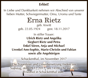 Traueranzeige von Erna Rietz von Super Sonntag Aschersleben