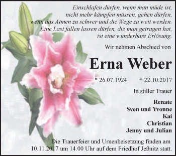 Traueranzeige von Erna Weber von WVG - Wochenspiegel Bitterfeld