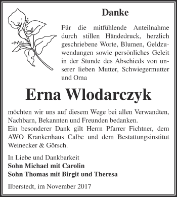 Traueranzeige von Erna Wlodarczyk von Super Sonntag Bernburg