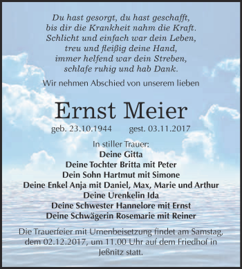 Traueranzeige von Ernst Meier von WVG - Wochenspiegel Bitterfeld