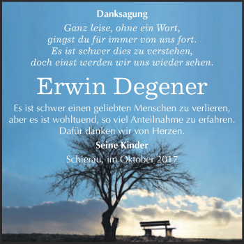 Traueranzeige von Erwin Degener von WVG - Wochenspiegel Bitterfeld
