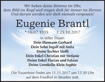 Traueranzeige von Eugenie Brantl von Mitteldeutsche Zeitung Halle/Saalkreis