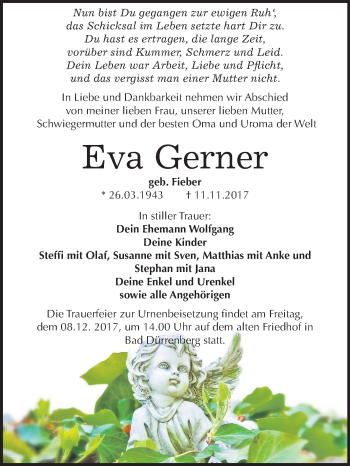 Traueranzeige von Eva Gerner von Mitteldeutsche Zeitung Merseburg/Querfurt