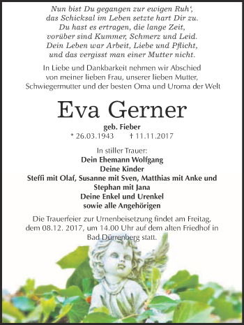 Traueranzeige von Eva Gerner von Super Sonntag Merseburg