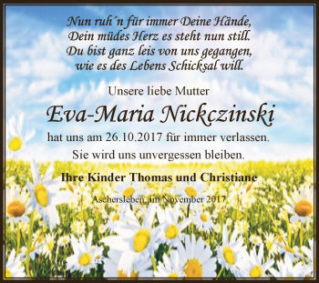 Traueranzeige von Eva-Maria Nickczinski von Super Sonntag Aschersleben