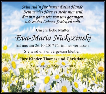 Traueranzeige von Eva-Maria Nickczinski von Mitteldeutsche Zeitung Aschersleben
