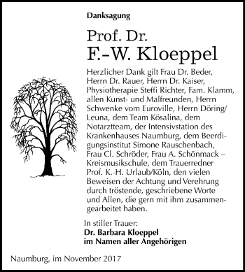 Traueranzeige von Friedrich-Wilhelm Kloeppel von Mitteldeutsche Zeitung