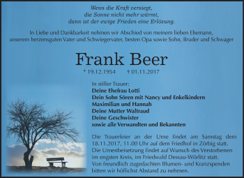 Traueranzeige von Frank Beer von Mitteldeutsche Zeitung Bitterfeld
