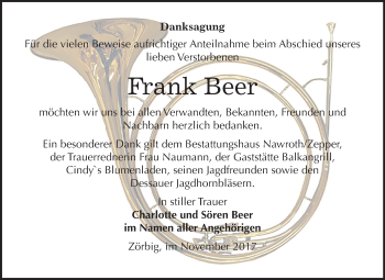 Traueranzeige von Frank Beer von Mitteldeutsche Zeitung Bitterfeld