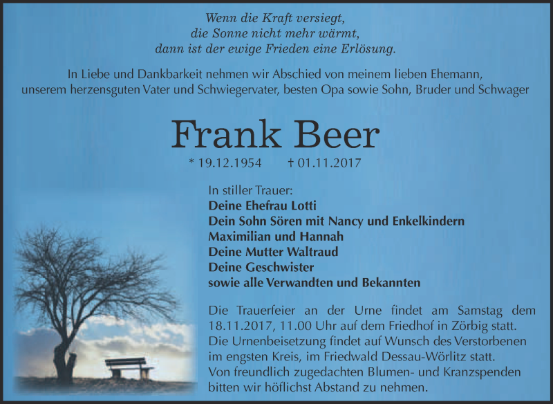  Traueranzeige für Frank Beer vom 08.11.2017 aus WVG - Wochenspiegel Bitterfeld