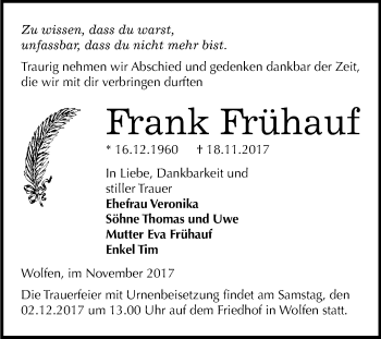 Traueranzeige von Frank Frühauf von Mitteldeutsche Zeitung Bitterfeld