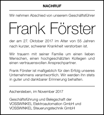 Traueranzeige von Frank Förster von Mitteldeutsche Zeitung Aschersleben