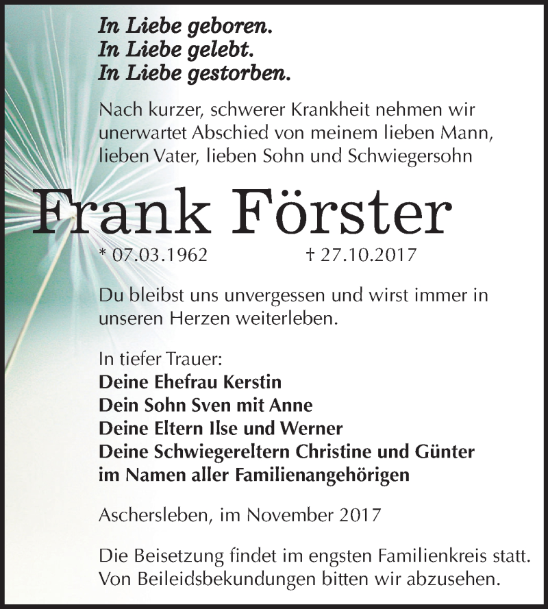  Traueranzeige für Frank Förster vom 04.11.2017 aus Mitteldeutsche Zeitung Aschersleben