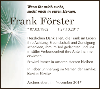 Traueranzeige von Frank Förster von Super Sonntag Aschersleben