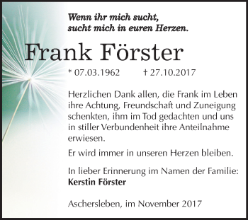 Traueranzeige von Frank Förster von Mitteldeutsche Zeitung Aschersleben