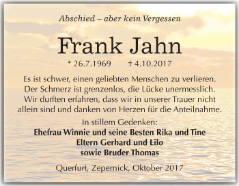 Traueranzeige von Frank Jahn von Mitteldeutsche Zeitung Merseburg/Querfurt
