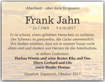 Traueranzeige von Frank Jahn von WVG - Wochenspiegel Merseburg