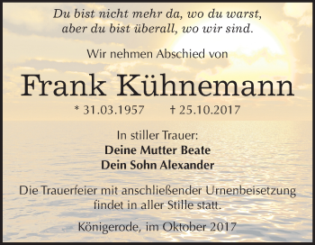 Traueranzeige von Frank Kühnemann von Mitteldeutsche Zeitung