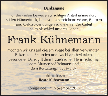 Traueranzeige von Frank Kühnemann von Mitteldeutsche Zeitung