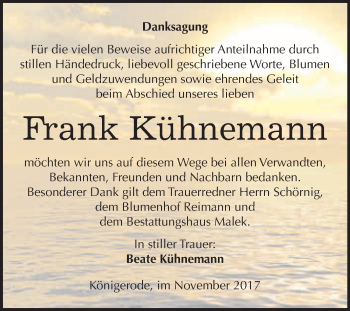Traueranzeige von Frank Kühnemann von WVG - Wochenspiegel Quedlinburg