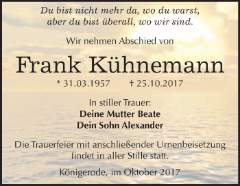 Traueranzeige von Frank Kühnemann von WVG - Wochenspiegel Quedlinburg