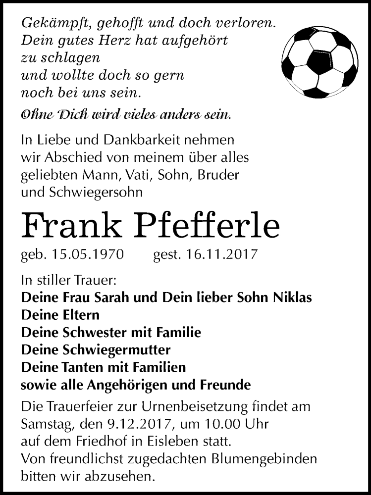  Traueranzeige für Frank Pfefferle vom 25.11.2017 aus Mitteldeutsche Zeitung