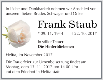 Traueranzeige von Frank Staub von Wochenspiegel Mansfelder Land