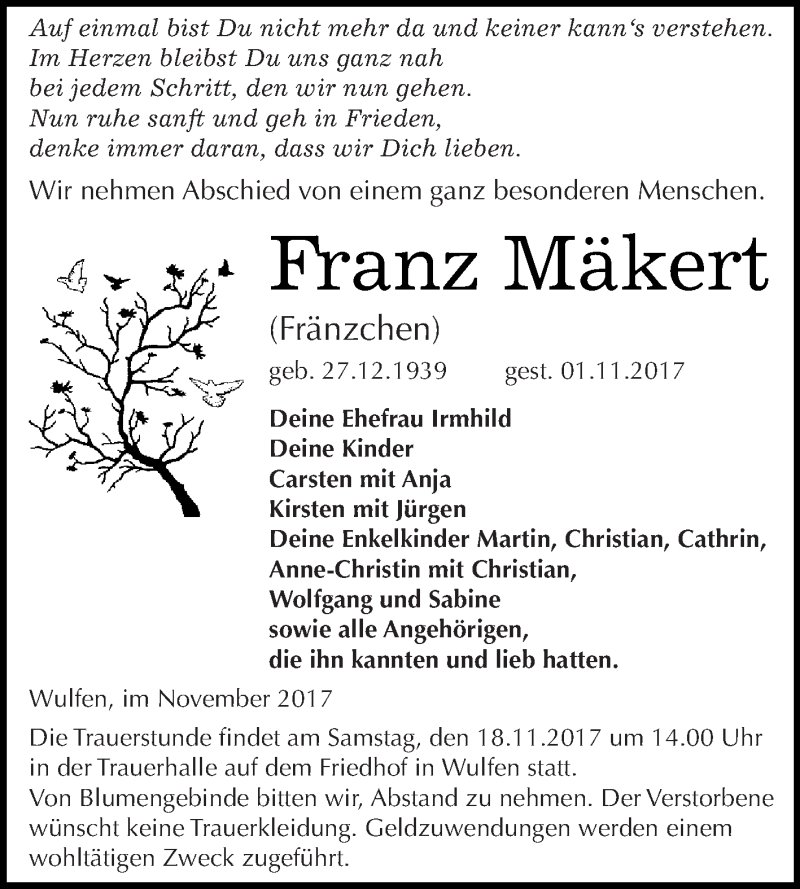  Traueranzeige für Franz Mäkert vom 11.11.2017 aus WVG - Wochenspiegel Dessau / Köthen