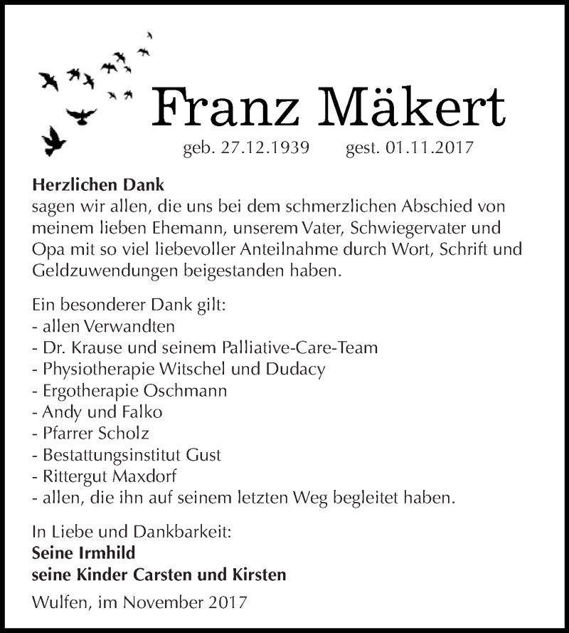  Traueranzeige für Franz Mäkert vom 25.11.2017 aus WVG - Wochenspiegel Dessau / Köthen