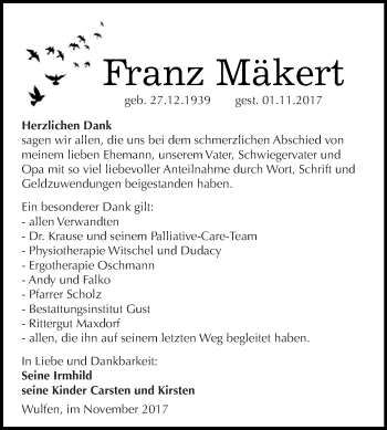 Traueranzeige von Franz Mäkert von WVG - Wochenspiegel Dessau / Köthen