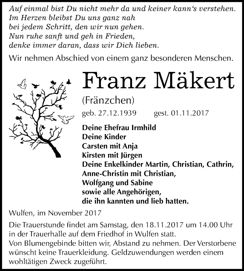  Traueranzeige für Franz Mäkert vom 11.11.2017 aus Mitteldeutsche Zeitung