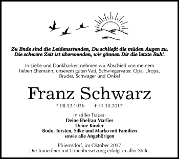 Traueranzeige von Franz Schwarz von Mitteldeutsche Zeitung Köthen