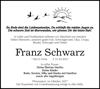 Traueranzeige von Franz Schwarz von WVG - Wochenspiegel Dessau / Köthen