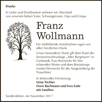 Traueranzeige von Franz Wollmann von Wochenspiegel Mansfelder Land