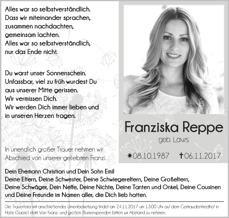  Traueranzeige für Franziska Reppe vom 11.11.2017 aus Mitteldeutsche Zeitung Halle/Saalkreis