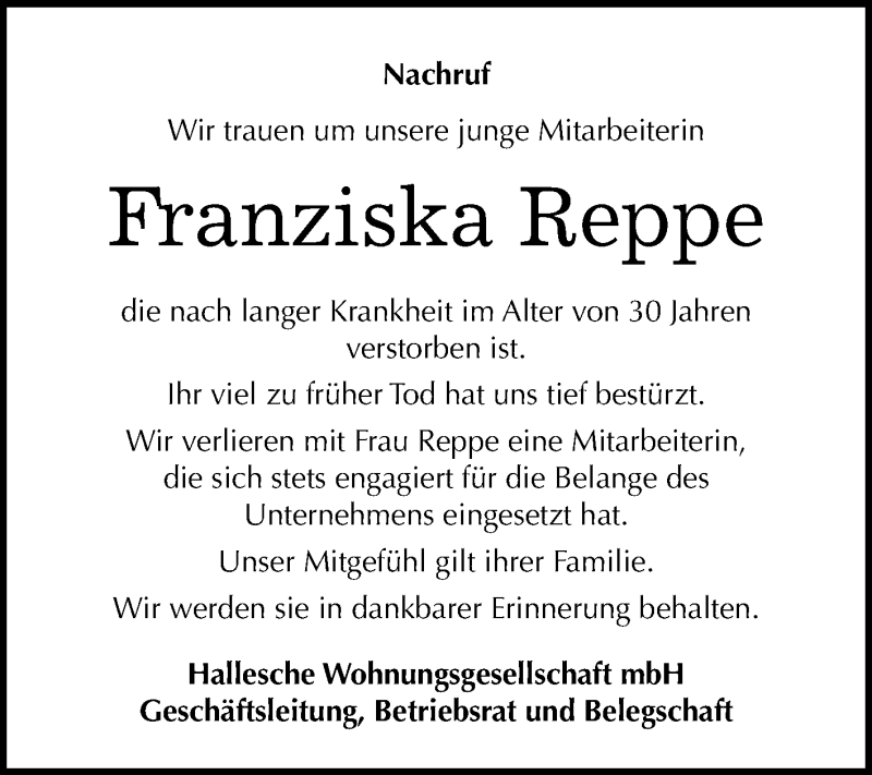  Traueranzeige für Franziska Reppe vom 18.11.2017 aus Mitteldeutsche Zeitung Halle/Saalkreis