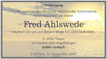 Traueranzeige von Fred Ahlswede von Super Sonntag Bernburg