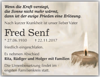 Traueranzeige von Fred Senf von Super Sonntag Merseburg