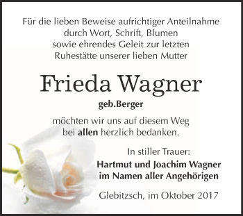 Traueranzeige von Frieda Wagner von WVG - Wochenspiegel Bitterfeld