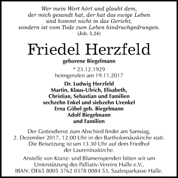 Traueranzeige von Friedel Herzfeld von Mitteldeutsche Zeitung Halle/Saalkreis