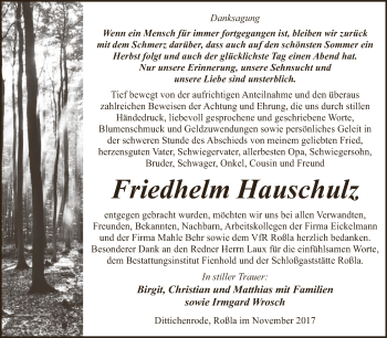 Traueranzeige von Friedhelm Hauschuh von Super Sonntag SGH Mansf. Land