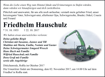 Traueranzeige von Friedhelm Hauschulz von Mitteldeutsche Zeitung Sangerhausen