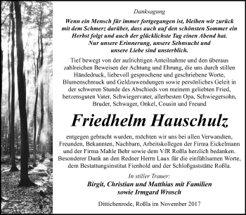 Traueranzeige von Friedhelm Hauschulz von Mitteldeutsche Zeitung