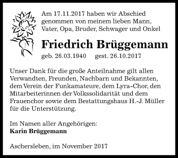 Traueranzeige von Friedrich Brüggemann von Mitteldeutsche Zeitung Aschersleben
