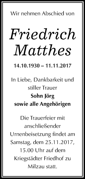 Traueranzeige von Friedrich Matthes von Mitteldeutsche Zeitung Merseburg/Querfurt