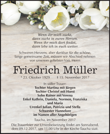 Traueranzeige von Friedrich Müller von Mitteldeutsche Zeitung Weißenfels