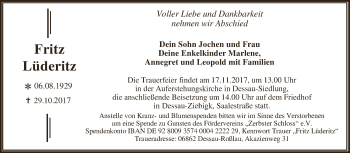Traueranzeige von Fritz Lüderitz von WVG - Wochenspiegel Dessau / Köthen