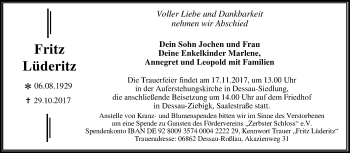 Traueranzeige von Fritz Lüderitz von Mitteldeutsche Zeitung Dessau-Roßlau