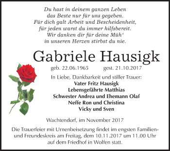 Traueranzeige von Gabriele Hausigk von Mitteldeutsche Zeitung Bitterfeld
