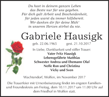 Traueranzeige von Gabriele Hausigk von WVG - Wochenspiegel Bitterfeld